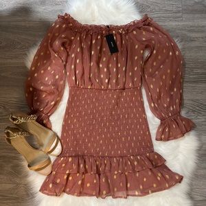 VICI- Soon Enough Off the Shoulder Metallic Smocked Dress